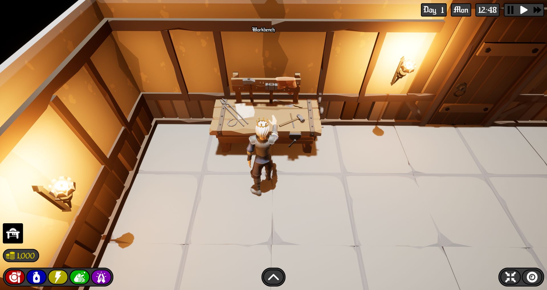 A villager working at a bench in a timber house in Feudal Living, seen from above
