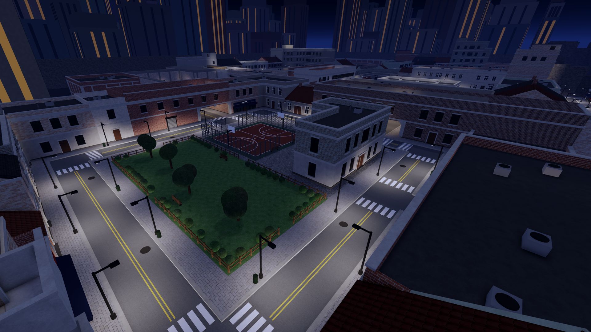 A greybox city at night in New Life: DarkRP, with a park and a basketball court between the streets