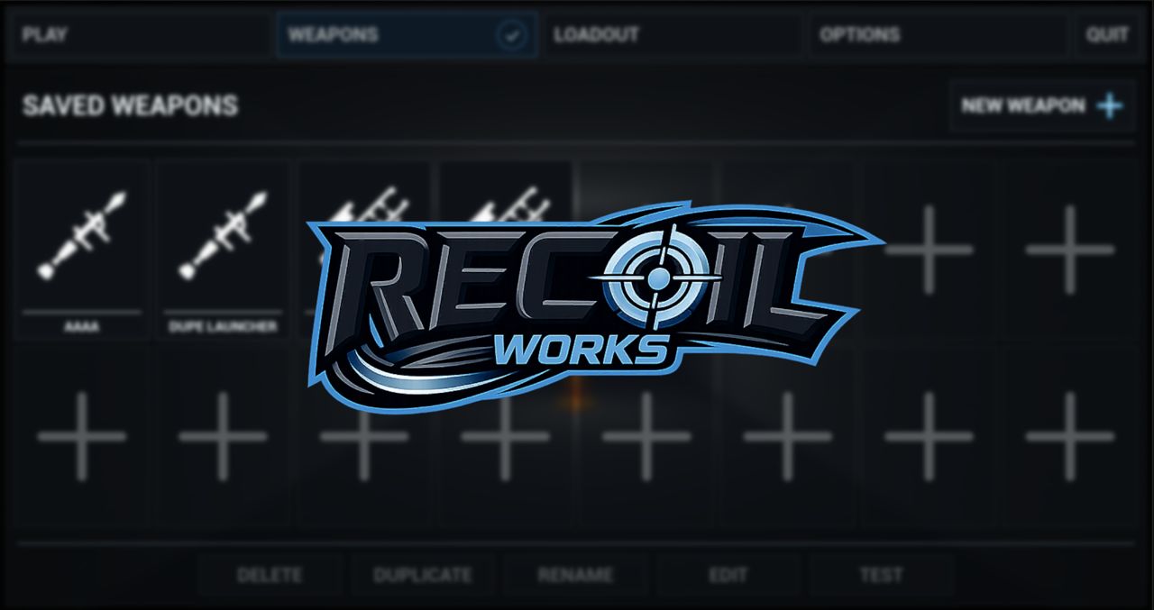 The Recoil Works logo over the saved weapons screen